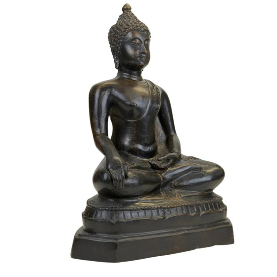 Buddha Thai in Bronzo in Bhumisparsha Mudra – Patina Scura – Sculture, Bronze, Klassiek (photo 2 of 10)