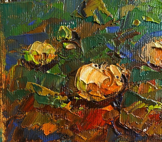 Image 1 of Original Oil Painting Autumn Houses Landscape Autumn vegetable gardens