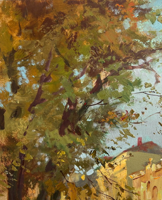 Image 1 of Original Oil Painting Autumn City Landscape The quiet whisper of a city park