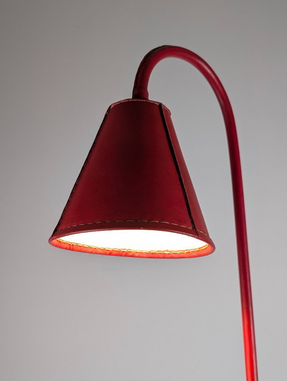 Jacques Adnet Red Leather Floor Lamp, Mid-Century Modern, France, 1960s – Lighting, Metal (photo 3 of 13)