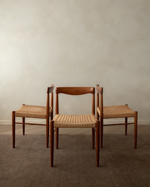 Vintage Dining Chairs by Henry Walter Klein for Bramin Møbler, Danish Teak Paper Cord Dining Chairs, 1960s, Set of 3