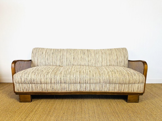 Image 1 of Vintage Art Deco woonkamerset van gebogen hout en riet, 1950, set van 3