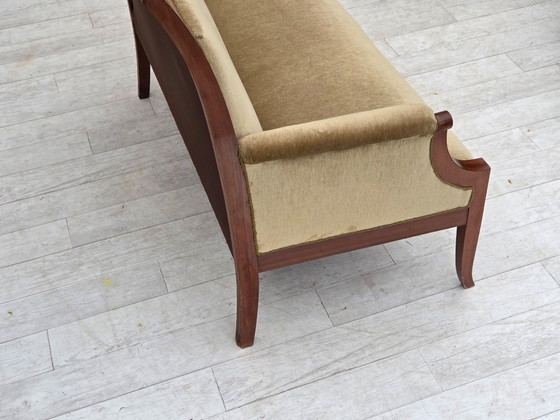Image 1 of 1950s, 2 Seater Danish Highback Sofa, Furniture Velour, Laqered Teak Wood.