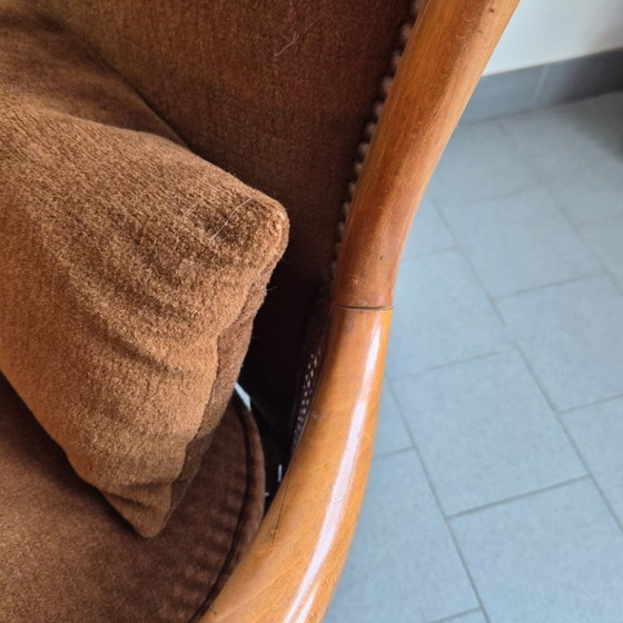 Image 1 of COPPIA DI POLTRONE BERGERE VINTAGE DEI PRIMI DEL XX SECOLO IN RATTAN E LEGNO, SUPERBAMENTE CURVE