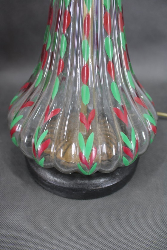 Image 1 of Paire de lampes de table en verre peintes à la main avec abat-jour en tissu neuf, Tchécoslovaquie, années 1960