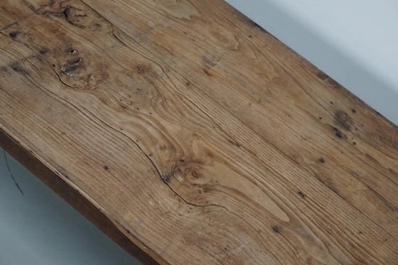 Image 1 of Antique French rustic farm table in light elm wood, 19th century