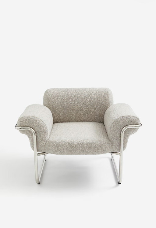 Fauteuil Design Vintage Contemporain Tissu Bouclette Beige Et Structure Chromée