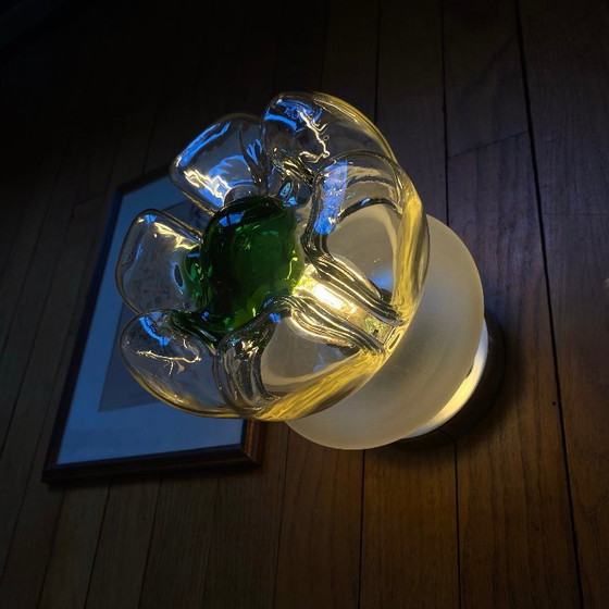 Image 1 of Lampada da soffitto vintage in vetro di Murano di Mazzega, fiore verde e acciaio inossidabile