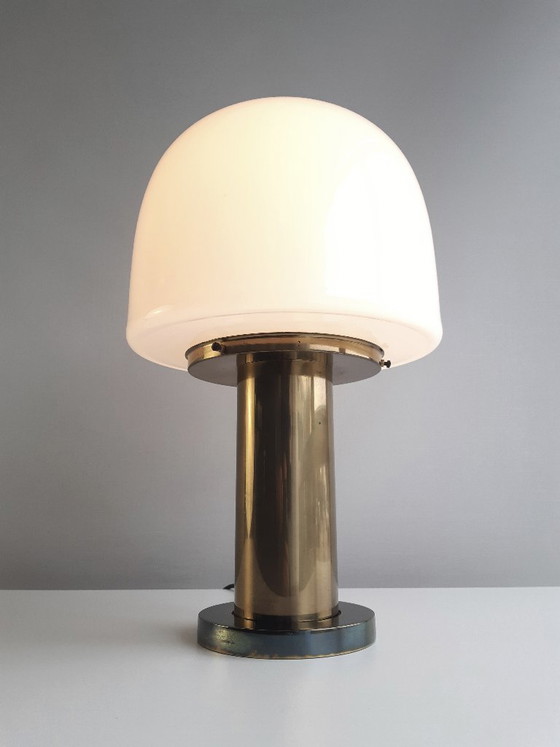 Image 1 of Glashütte Limburg vintage table lamp, brass desk lamp with frosted glass shade, mid-century modern table lamp