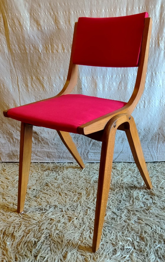 Sedia in legno massello e tessuto rosso - design anni '50 – Sedie da pranzo (photo 4 of 10)