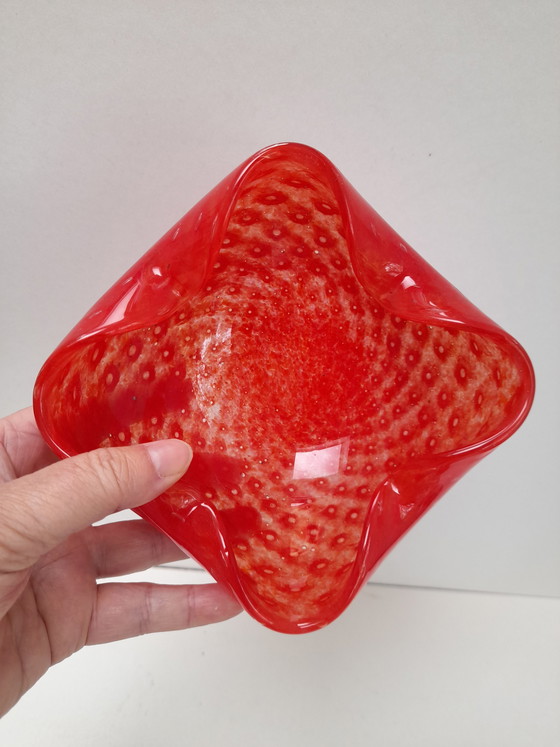 Image 1 of Murano glass trinket tray, red bullicante, signed