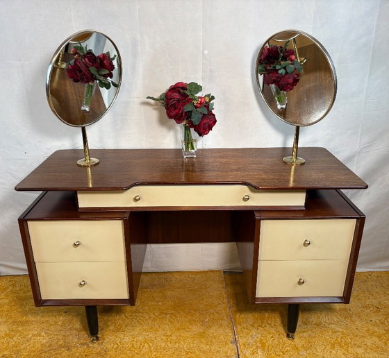 Image 1 of Mid-Century Retro Vintage Teak Dressing Table by G Plan – “White China” Librenza Range 1950  Golden Maker’s Mark • Italian Desig