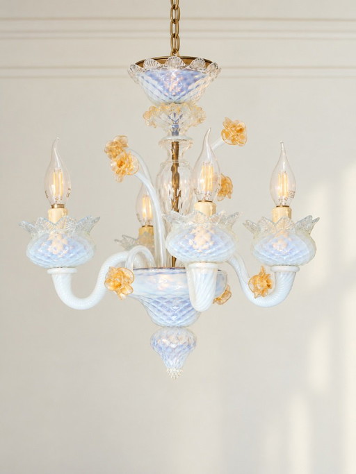Lámpara de araña Murano Vintage años 70 Cristal Opalino | Lámpara de Techo Floral Italiana | Cristal Iridiscente | 4 Luces