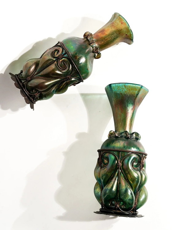 Pair of 1920s Loetz Glass and Wrought Iron Vases – Art Nouveau (photo 19 of 21)