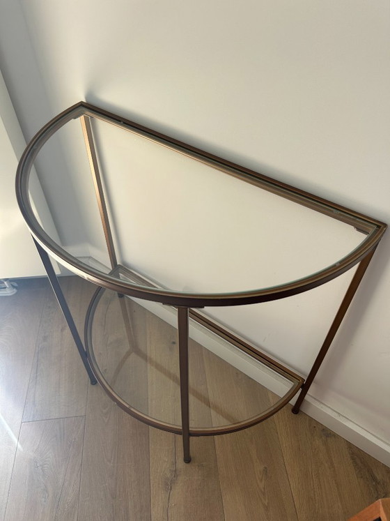Halfronde dranktafel / sidetable met glazen blad en metalen frame in bronskleur – Bijzettafels, Glass (photo 5 of 5)