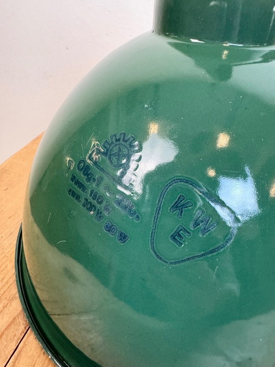 Image 1 of Industrial Green Enamel Factory Lamp with Cast Iron Top, 1960s