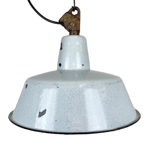 Industrielle Fabriklampe aus grauem Emaille mit gusseisernem Aufsatz, 1960er Jahre