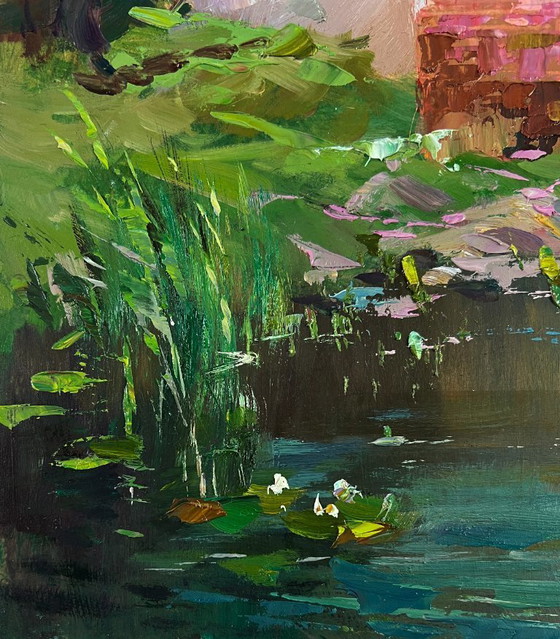 Image 1 of Original Oil Painting Summer Houses Landscape The bridge leading to the village
