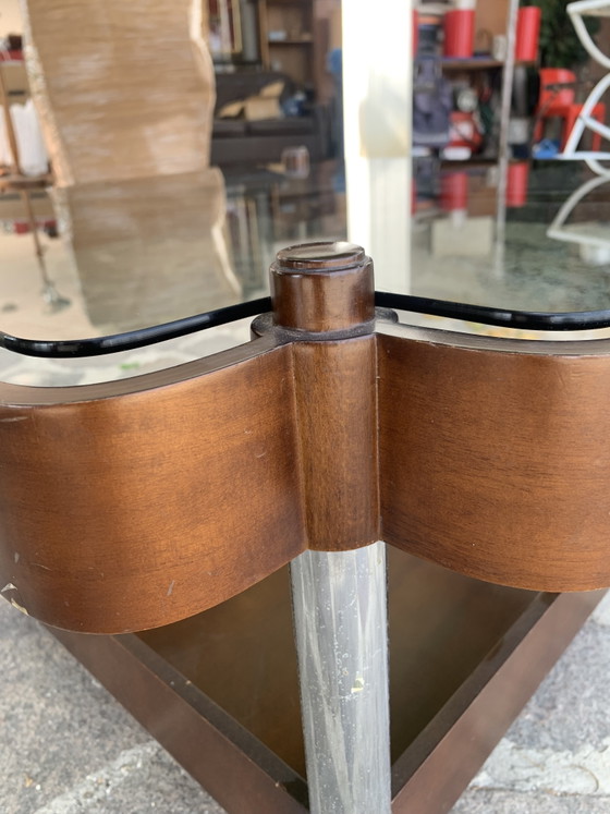 Image 1 of Vintage 1970s Coffee Table - Smoked Glass and Curved Wood with Double Shelf - 66x66x37 cm
