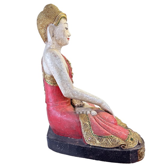 Grote Birmaanse Mandalay Boeddha met Gouden Decoratie – circa 1970 – 87 cm – Beeldhouwkunst, Glass (photo 8 of 11)
