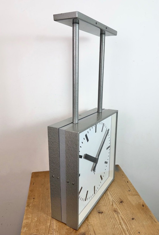 Image 1 of Large Square Industrial Double-Sided Factory Clock from Pragotron, 1960s