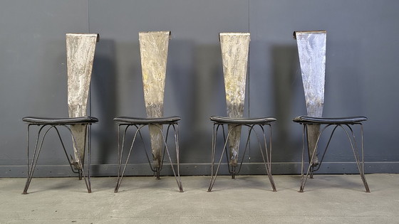 Image 1 of Handgemaakte eethoek van staal en steen, jaren 70 - vintage eethoek - handgemaakte eethoek - postmoderne eettafel en stoelen