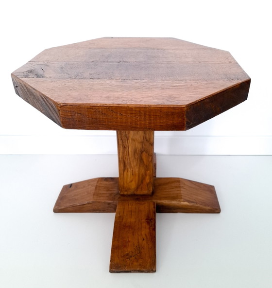 Vintage Brutalist Bijzettafel Eikenhout 8 Hoekig – Wood (photo 3 of 7)
