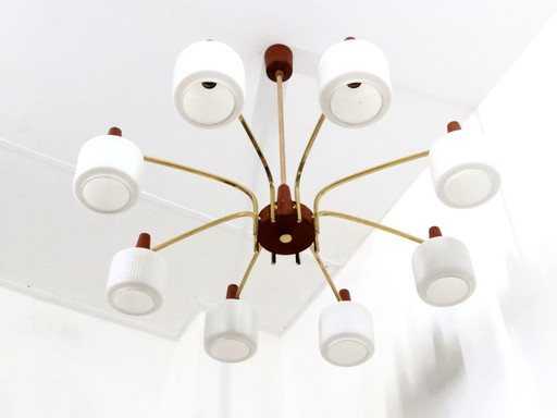 XL Danish Design Vintage Chandelier Teak Milky Glass