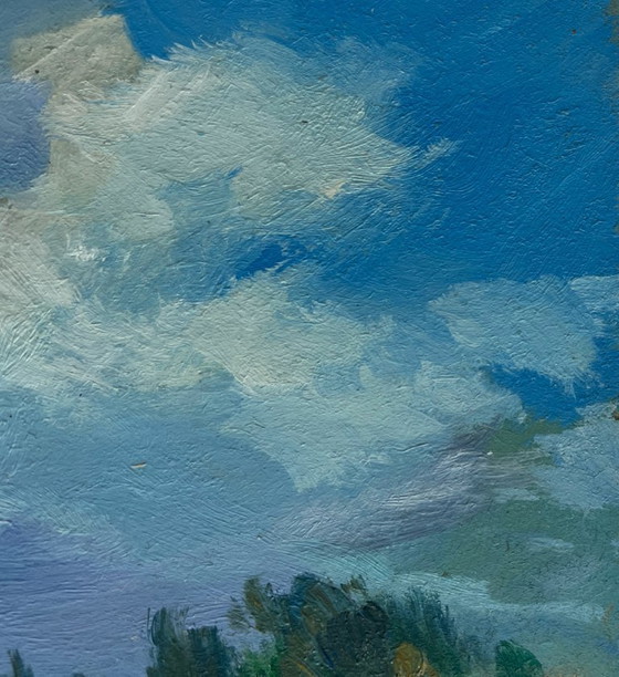 Image 1 of Original Oil Painting Summer Field Landscape The sun shines through the clouds