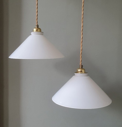 Set of 2 Vintage opaline glass pendant lamps