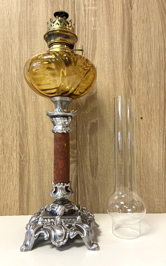 Image 1 of Ancienne Lampe à Pétrole Colonne Huile Kérosène France 1900 "HS" Art Nouveau