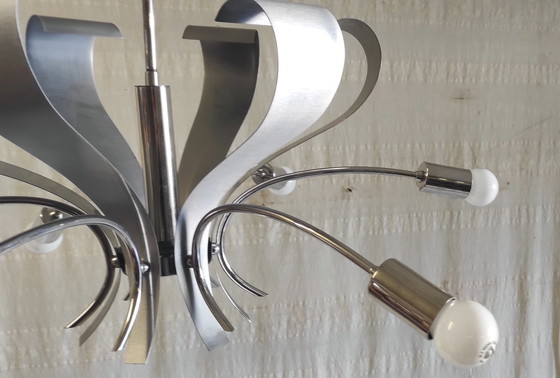 Image 1 of Lustre 6 feux Space-Age en métal chromé et brossé - années 70