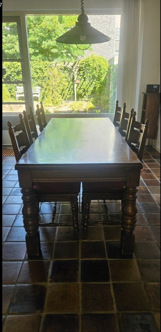 Mesa de comedor antigua de roble con sillas – eettafels, Textile, Wood (photo 2 of 7)