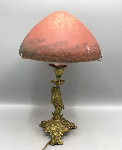 Art Nouveau style brass table lamp with red/black mushroom art de France glass