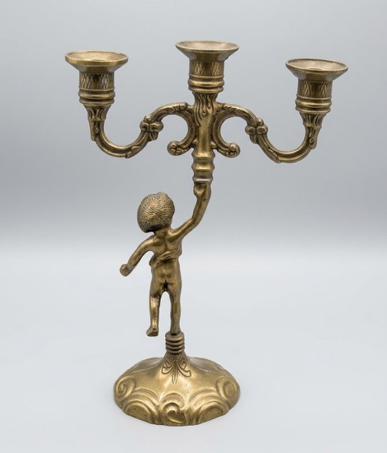 2 Portacandele antichi a 3 bracci con Putto, Ottone, Art Nouveau, ca. 30 cm, Dorato (foto 3 di 5)