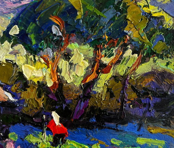 Image 1 of Original Oil Painting Summer Village Landscape In the evening I watch the lilacs