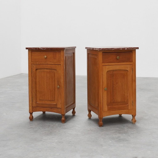 Pair of French Art Deco Nightstands in oak with marble tops, 1930s 