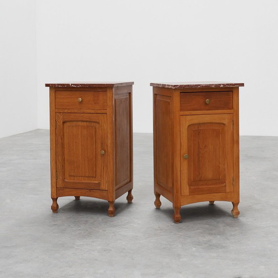 Image 1 of Pair of French Art Deco Nightstands in oak with marble tops, 1930s 