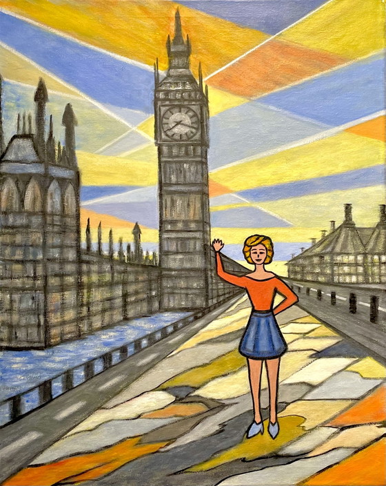 Image 1 of Beautiful series of 8 handmade paintings, theme ‘women and world buildings’.