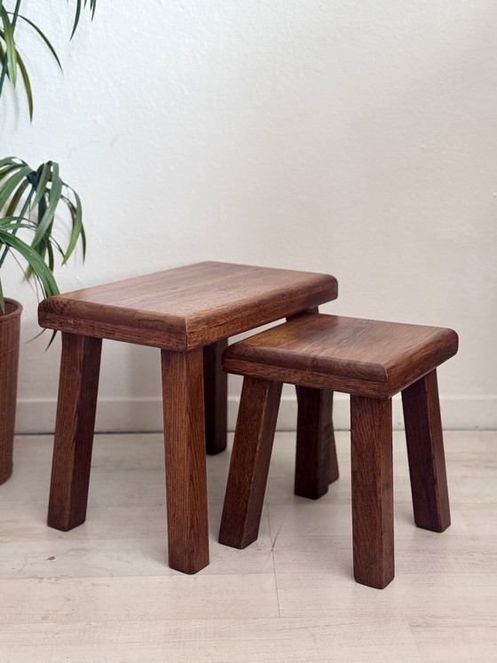 Image 1 of Vintage brutalistische bijzettafeltjes eiken jaren ‘70