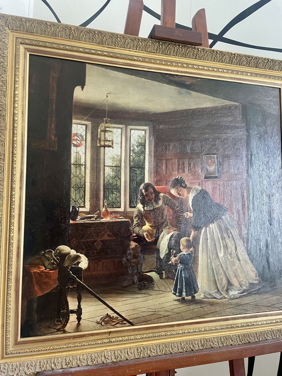 Image 1 of Tableau ancien encadré – The First Step – reproduction entoilée – cadre doré – style classique – art victorien – 76x83 cm