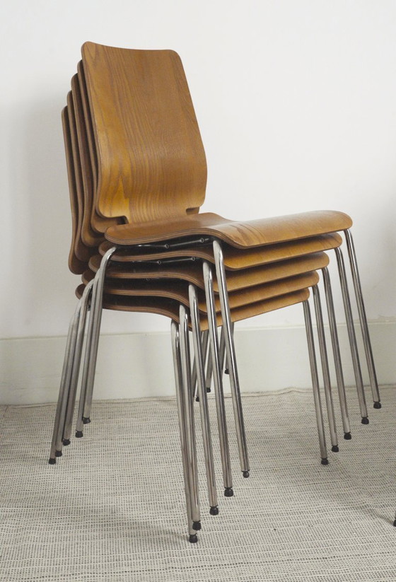 Image 1 of Chaises IKEA Gilbert en teck vintage, ensemble de 6 chaises de salle à manger empilables en contreplaqué de teck, style scandina