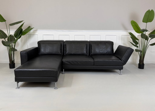 Sofá esquinero Brühl Moule, sofá de piel con función de cama, negro, Jumbo