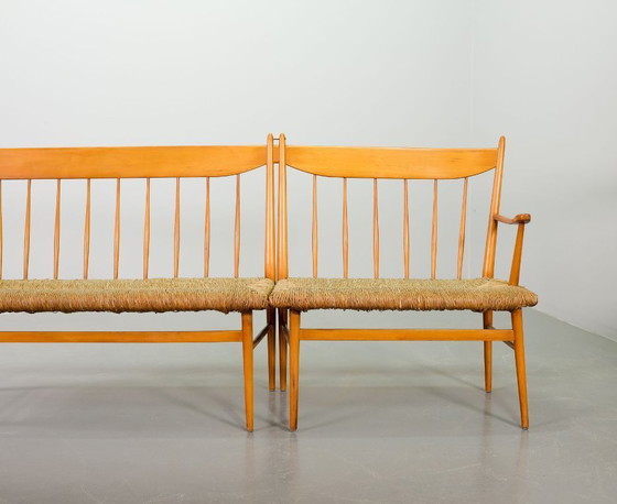 Image 1 of Large Mid-Century Design Spindle Back Bench with Rush Wickered Seatings in Style of Arno Lambrecht. Germany, 1950s. 