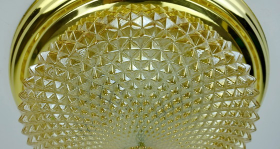Image 1 of mid century ceiling LAMP flush mount textured amber glass and brass 1970s