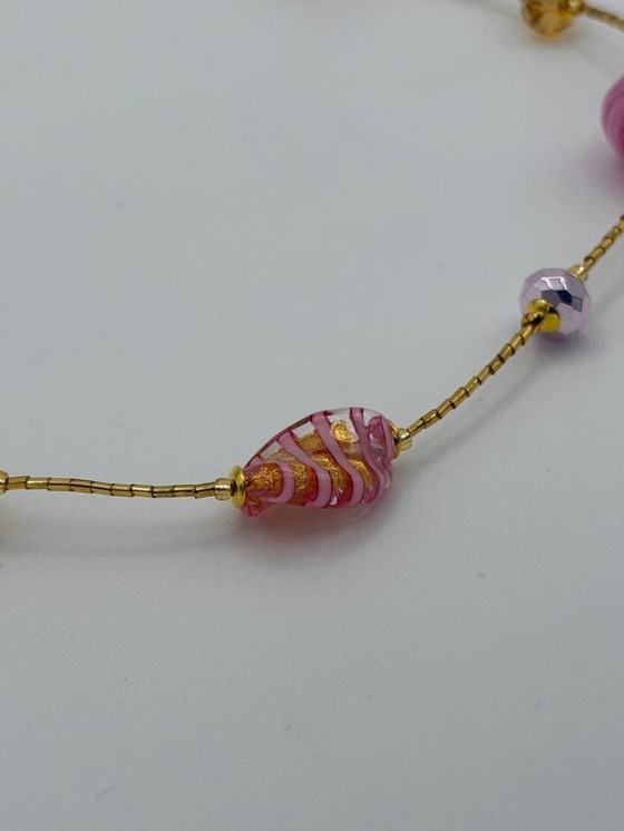 Image 1 of Murano Glass Necklace with Gold Leaf – Handcrafted Pink Beads – 47 cm – with Certificate