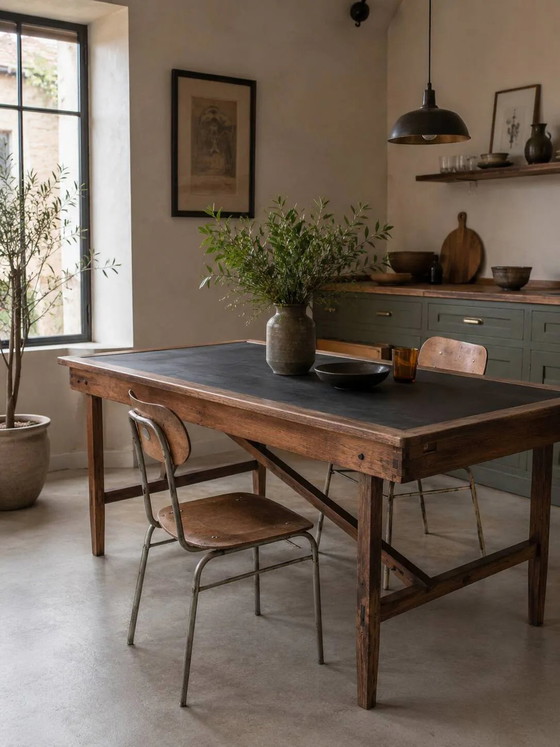 Tavolo pieghevole da officina vintage in rovere con piano nero patinato a mano. – Tavoli da pranzo (photo 22 of 37)