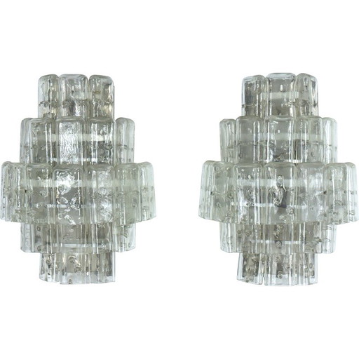 Pair of vintage clear Murano glass elements wall lamps, Italy 1970s