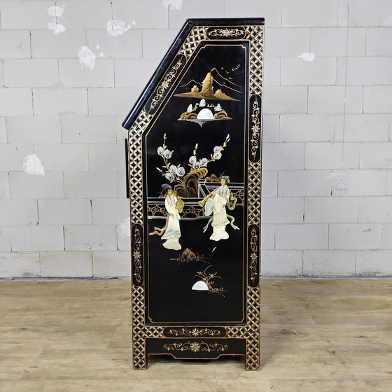 Image 1 of Vintage Chinese Lacquer Secretary / Desk with Mother-of-Pearl Overlay / Bohemian / Oriental Cabinet