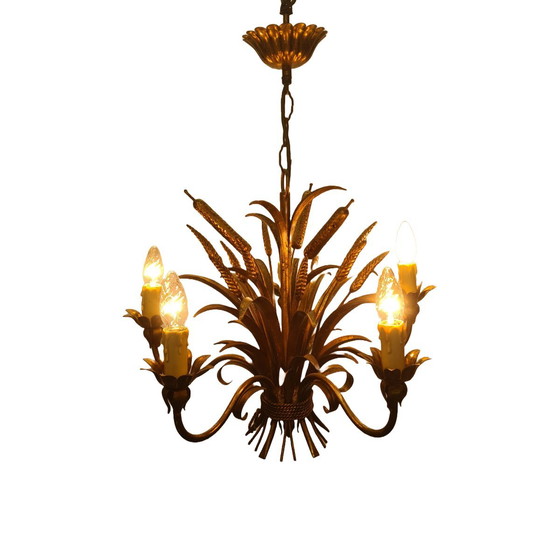 Image 1 of Lampadario vintage placcato oro con spighe di grano e tifa, anni '60